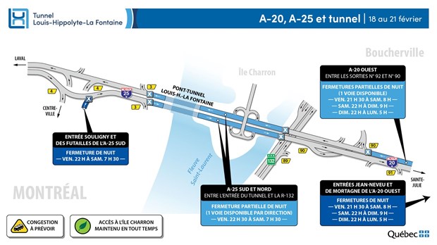 Entrave de longue durée et fermetures de nuit dans les secteurs du tunnel, de l’échangeur Souligny et des autoroutes 25 et 20