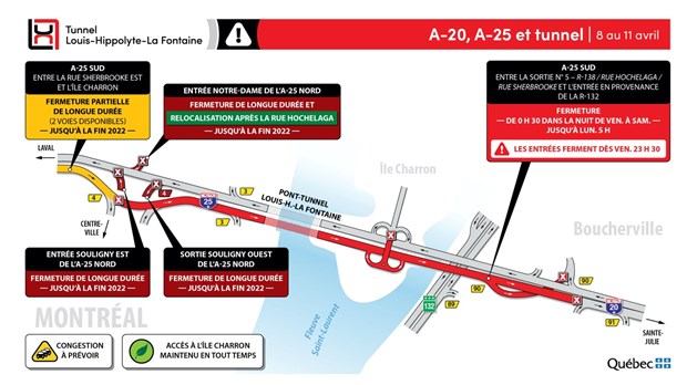 Fermeture complète du tunnel en direction de la Rive-Sud durant la fin de semaine