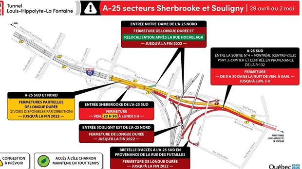 Fermeture complète d’un tronçon de l’autoroute 25 en direction de la Rive-Sud, incluant le tunnel Louis-Hippolyte-La Fontaine